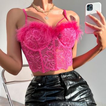 House Of Dasein Sexy Lace Boned Luxury Feather Fringe Pure Desire Camisole - Rose Red - S