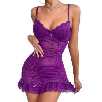 House Of Dasein Purple Sexy Jumpsuit Transparent Pleated Strap Nightdress With Thong Lace Sheer Lingerie Set - Purple - Xl