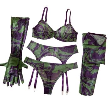 House Of Dasein Erotic Lingerie Set With Gloves And Socks - Sexy Underwear Lace Printed Fabric - Green - S