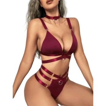 House Of Dasein Cross-Border Hot Selling Separated Bikini Milk Silk Set V-Neck Gathered Metal Accessories Erotic Lingerie - Wine Red - Xxl