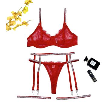 House Of Dasein Cross-Border Sexy Lingerie Lace Trim Rhinestone Transparent Thong Garter Belt Four-Piece Set - Red - L