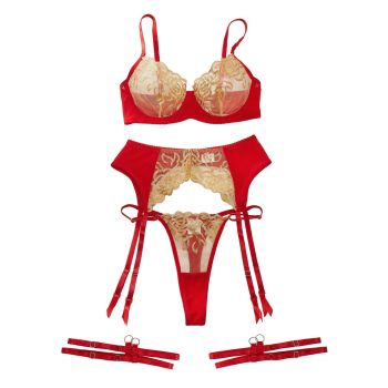 House Of Dasein Collision Pornographic Fun Embroidery Splicing Mesh Sexy Underwear Four Piece Set For Women - Golden Red - M
