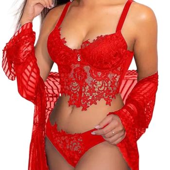 House Of Dasein Cross-Border Sexy Lingerie Seductive Three-Piece Transparent Backless Lace Trim Tempting Sleepwear Two-Piece Set - Red - L