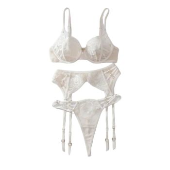 Embroidered Sexy Three-Point Style Erotic Lingerie Gathering Bra Piece Set - White - S