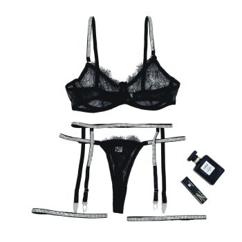 House Of Dasein Cross-Border Sexy Lingerie Lace Trim Rhinestone Transparent Thong Garter Belt Four-Piece Set - Black - L