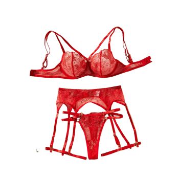 House Of Dasein Flower Embroidery Ultra Thin Perspective Sexy Underwear Four Piece Set - Red - L