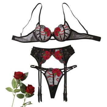 Embroidered Sexy Three-Point Style Erotic Lingerie Gathering Bra Piece Set - Black And Red - L
