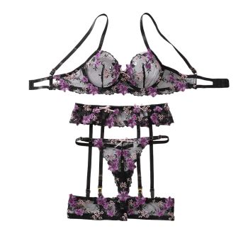 House Of Dasein Purple Sexy Lace Embroidered Bra Collar Underwear Set - Dark Purple - L