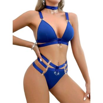 House Of Dasein Cross-Border Hot Selling Separated Bikini Milk Silk Set V-Neck Gathered Metal Accessories Erotic Lingerie - Blue - L