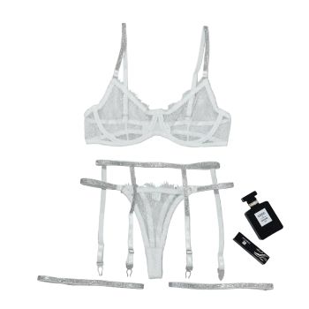 House Of Dasein Cross-Border Sexy Lingerie Lace Trim Rhinestone Transparent Thong Garter Belt Four-Piece Set - White - S