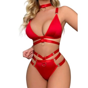House Of Dasein Cross-Border Hot Selling Separated Bikini Milk Silk Set V-Neck Gathered Metal Accessories Erotic Lingerie - Red - Xxl