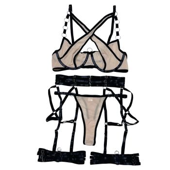 House Of Dasein Cross-Strap Neckline Underwear With Steel Ring Pure Desire Sexy Set For Women - Khaki - S