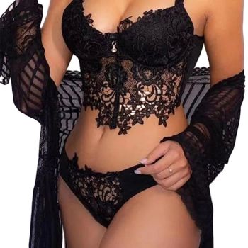 House Of Dasein Cross-Border Sexy Lingerie Seductive Three-Piece Transparent Backless Lace Trim Tempting Sleepwear Two-Piece Set - Black - M