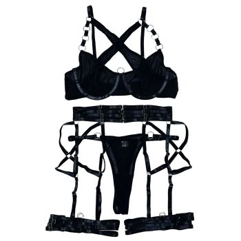 House Of Dasein Cross-Strap Neckline Underwear With Steel Ring Pure Desire Sexy Set For Women - Black - S