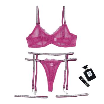 House Of Dasein Cross-Border Sexy Lingerie Lace Trim Rhinestone Transparent Thong Garter Belt Four-Piece Set - Deep Pink - L