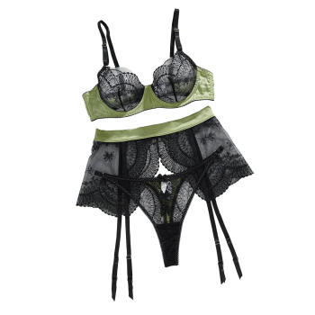 House Of Dasein Color Blocking Splicing Sexy Bra Set Mesh Transparent Hollow Out Erotic Lingerie Three Piece - Black Green - L