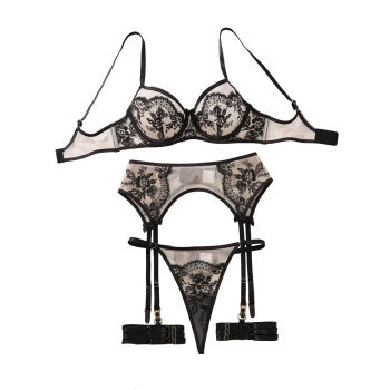 House Of Dasein Embroidered Sexy Bra Set With Mesh And Perspective Lingerie Underwear - Black Skin Color - L