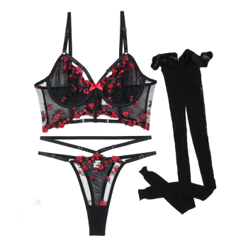 House Of Dasein Delicate Small Floral Hollow Design Complex Three Piece Silk Stocking Sexy Lingerie Set - Wine Red - L