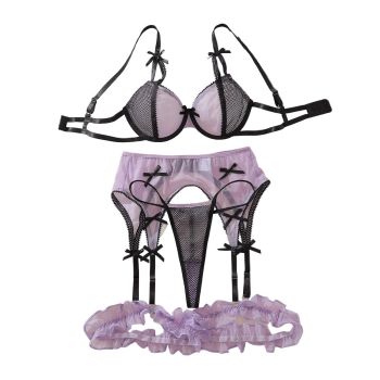House Of Dasein Color Blocking Mesh Bra Set With Hollowed Out Perspective And Fun Lingerie Underwear 4 Piece - Dark Purple - S