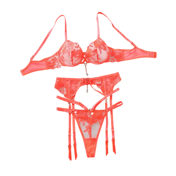 House Of Dasein Embroidered Mesh Perspective Sexy Gathering Lingerie Three Piece Set - Fluorescent Orange - L