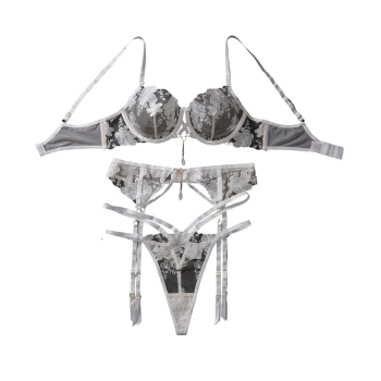 House Of Dasein Embroidered Mesh Perspective Sexy Gathering Lingerie Three Piece Set - White - L