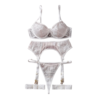 House Of Dasein Embroidered Sexy Bra Set With Mesh And Perspective Lingerie Underwear - White - S