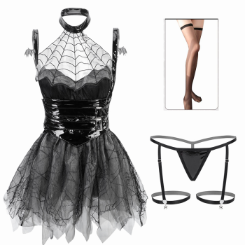 House Of Dasein Womens Sexy See Through Soft Yarn Spider Little Devil Patent Leather Girdle Uniform Seat - With Stockings