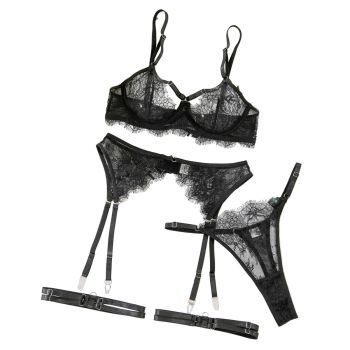 House Of Dasein Cross-Border Sexy Lingerie Temptation Set Seductive French Eyelash Lace Hollow-Out Bra Garter Belt Four-Piece - L