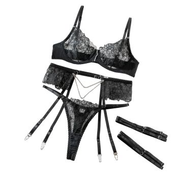 House Of Dasein Elegant 3 Piece Set For Women Transparent Sexy Embroidered Chain Lace Underwear Suit - Black - L