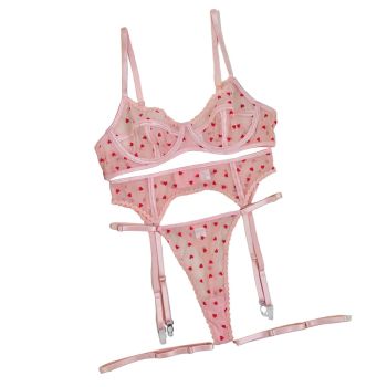 House Of Dasein Flocked Heart 3 Piece Sexy Women's Lingerie Garter Belt Cute Girl Set - Pink - S
