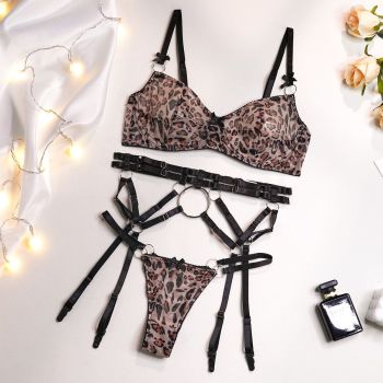 House Of Dasein Leopard Print Sheer Sexy Wild Three Piece Set Underwear - Leopard Print - M