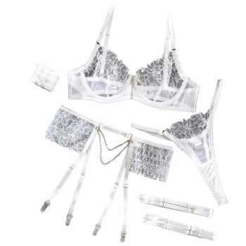 House Of Dasein Elegant 3 Piece Set For Women Transparent Sexy Embroidered Chain Lace Underwear Suit - White - M
