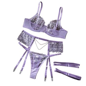 House Of Dasein Elegant 3 Piece Set For Women Transparent Sexy Embroidered Chain Lace Underwear Suit - Light Purple - M