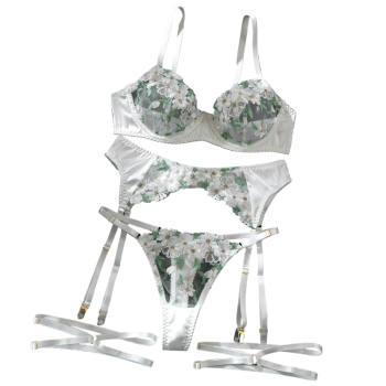 House Of Dasein Sexy Mesh Embroidered Multi Color Floral Bra Set Hollow Shaping Lingerie Four Piece Suit For Women - White - L