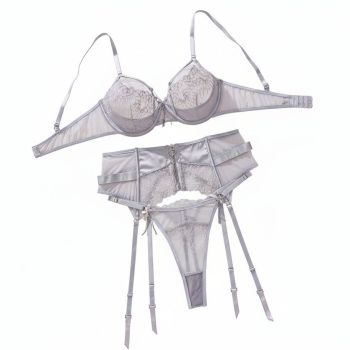 House Of Dasein Perspective Embroidered Mesh Splicing Sexy Underwear 3-Piece Set - Silver - S