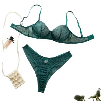 House Of Dasein Green Leopard Print Bra Underwear Sexy Hollow Thin Cup With Steel Ring Comfortable Erotic Set For Women - Green - M