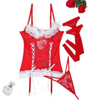 House Of Dasein Christmas Red Lace Cross Band Feather Strap Three Piece Set - Red - S