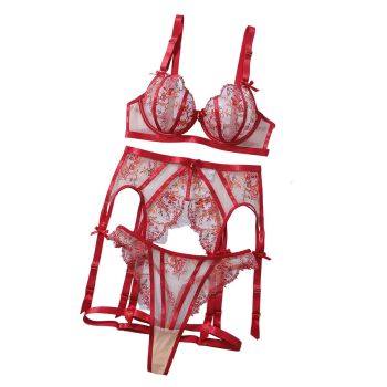 House Of Dasein Embroidered Thin Steel Holder Gathers New Floral Sexy Mesh Lingerie Set - Wine Red - M