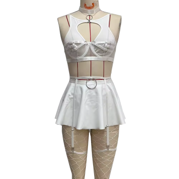 Lace Erotic Lingerie Set Sexy Bra Solid Color Leather - White - L