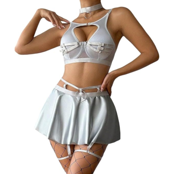 Lace Erotic Lingerie Set Sexy Bra Solid Color Leather - Silver - Xs