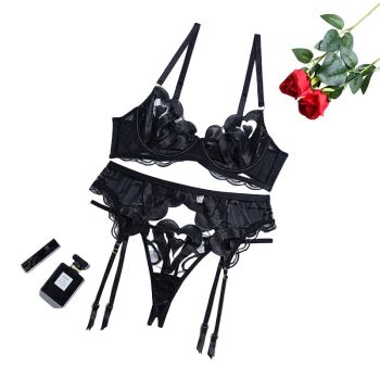 House Of Dasein Lace Mesh Embroidery Sexy Lingerie Gathering Straps Three Piece Set Shaping Body - Black - S