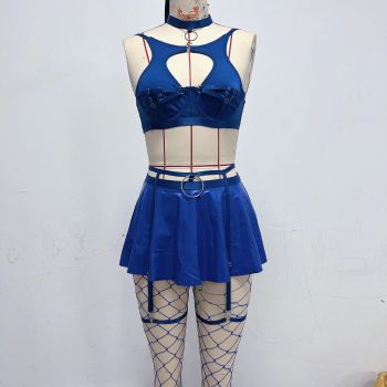Lace Erotic Lingerie Set Sexy Bra Solid Color Leather - Blue - Xxl