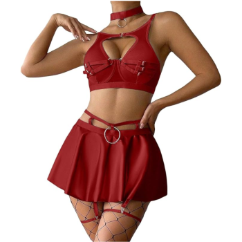 Lace Erotic Lingerie Set Sexy Bra Solid Color Leather - Red - L