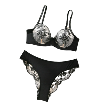 Sexy Embroidered Bra Underwear Ultra Thin Mesh Splicing Large Chest Minimizer Women's Transparent Two Piece Set - Black - Xl