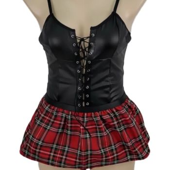 Sexy Pu Uniform Waist Support Ultra-Short Skirt With Binding Bodysuit Set - As Shown In The Figure - M