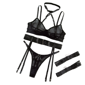 Necklace Bra Set Ultra Thin Mesh Transparent Sexy Strap Metal Buckle Tempting Lingerie - Black - S
