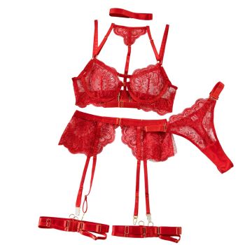 House Of Dasein Heavy Embroidery Metal Buckle Strap Sexy Lingerie Set For Women Transparent Shaping Front Button Five Piece - Red - L