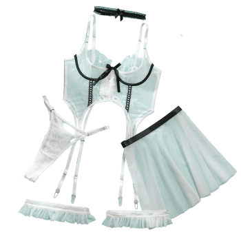 House Of Dasein Lingerie Set Women Lace Splicing Transparent Temptation Sexy Mini Camisole Thong Five Piece - White - S