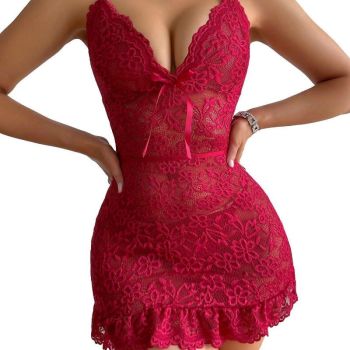 House Of Dasein Sexy Mesh Printed Transparent Lace Strap Nightgown Set For Women's Underwear - Wine Red - S
