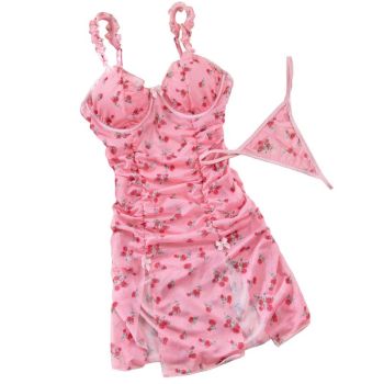 House Of Dasein Sexy Lingerie Pink Printed Valentine's Day Strap Nightgown Uniform Temptation Thong Set - Pink - L